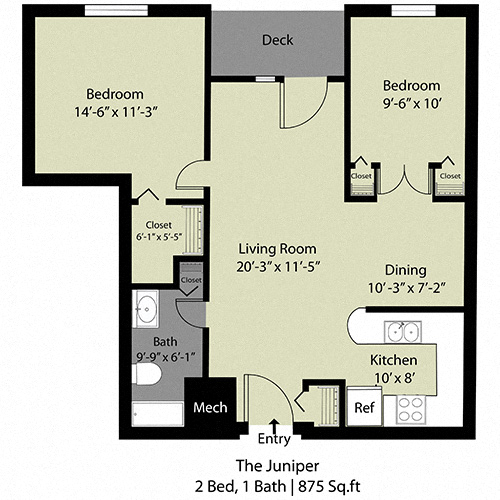Floor plan for 2 beds, 1 bath, 800 sqft